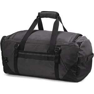 A black and grey duffel backpack with multiple straps and pockets, featuring a logo.