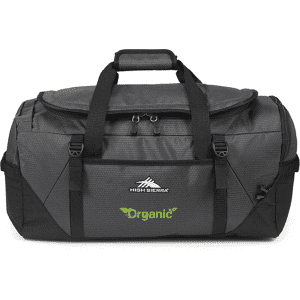 A duffel backpack in grey and black, featuring two handles and a logo. Suitable for travel and storage.
