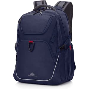A navy blue High Sierra Access 4.0 Backpack with multiple compartments and padded straps. It features a logo.