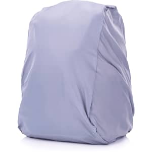 A light grey backpack with a streamlined design, featuring storage pockets and a logo.