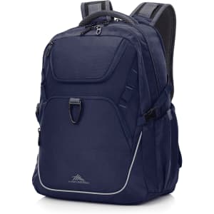 A navy blue backpack with adjustable straps, multiple compartments, and a logo. Suitable for various carrying needs.