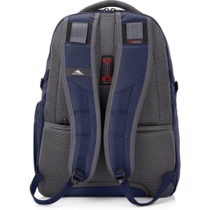 A grey and navy backpack featuring padded shoulder straps and a logo, designed for comfort and functionality.