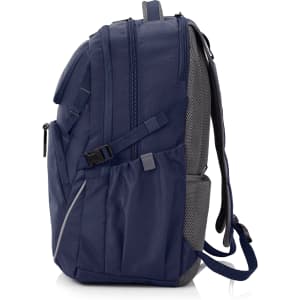 A navy blue backpack with a mesh backing and adjustable straps, featuring multiple compartments and a side pocket.