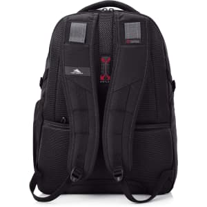 A black backpack with padded straps, featuring mesh detailing and a logo on the back.