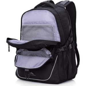 A black and grey backpack with multiple compartments and a logo is displayed.