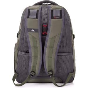 A grey and green backpack featuring padded shoulder straps and a logo on the back.