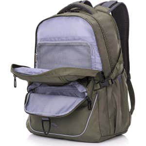 A green and grey backpack with multiple compartments and zippers. It features a logo on the front.