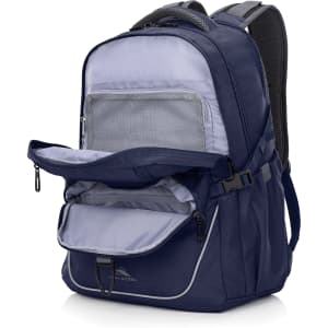 A navy blue backpack featuring multiple compartments, including a large front pocket and a logo.