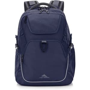 A navy blue High Sierra Access 4.0 Backpack with various pockets and a logo. Suitable for carrying multiple items.