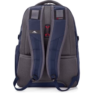 A navy and grey backpack featuring padded shoulder straps and a logo on the front.