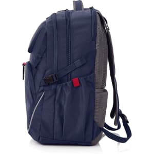 A blue and grey backpack with adjustable straps and a mesh side pocket. It features a logo on the surface.