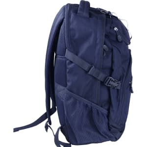 A navy blue backpack with multiple pockets, straps, and a mesh side pocket, featuring a logo.