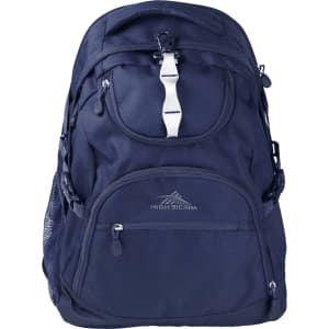 A navy backpack with multiple compartments and a logo, featuring adjustable straps and mesh side pockets.