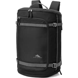 A black High Sierra travel backpack with multiple zippered compartments and adjustable straps. It features branding.