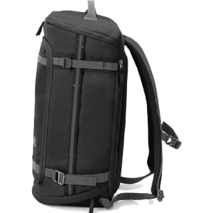 A black travel backpack with grey straps and organisational pockets, featuring a sleek, structured design.