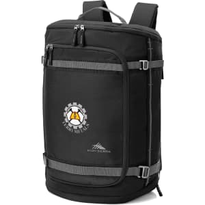 A black High Sierra travel backpack with adjustable straps and a logo, featuring multiple compartments for storage.