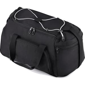 A black travel duffel bag with multiple zippered compartments and sturdy handles, featuring a logo.