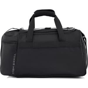 A black travel duffel bag with dual handles, a detachable shoulder strap, and a logo on the side.