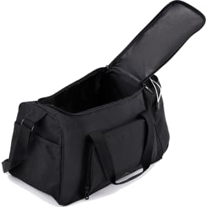 A black travel duffel bag with a top opening, featuring dual handles and a front zip pocket. It has a logo.
