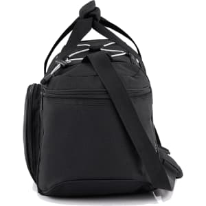 A black travel duffel bag featuring a zippered main compartment and a detachable shoulder strap, with some branding visible.