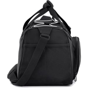 A black duffel bag with a mesh pocket and adjustable strap. It features a sturdy handle and a sleek design.