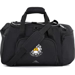 A black duffel bag with multiple zippered compartments and a removable shoulder strap. It features a logo on the front.
