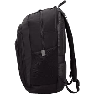 A black backpack featuring multiple compartments, a mesh side pocket, and padded shoulder straps.