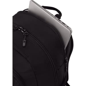 A black backpack with multiple zippered compartments, featuring a laptop partially visible from one of the openings.