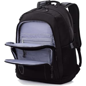 A black High Sierra extension backpack with multiple compartments and a light grey interior and mesh side pockets.