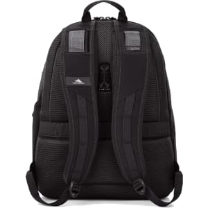 A black backpack with padded, adjustable straps and mesh detailing. It features a logo on the front.