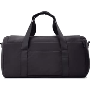 A black duffel bag with two handles and a front pocket, featuring a logo on the side.