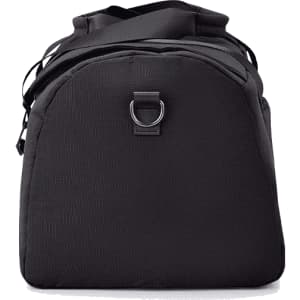 A black duffel bag with a sturdy design and a metal ring feature, ideal for carrying various items.
