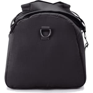 A black duffel bag with a wide opening, featuring a handle and shoulder strap attachments, and a loop on the front.
