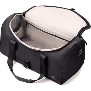 A black duffel bag with a spacious interior and two sturdy handles, featuring a zip closure.