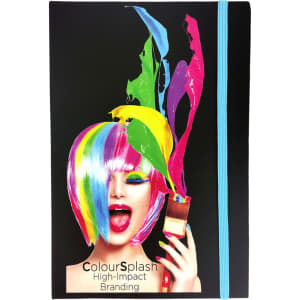 A Colour Pop JournalBook with a vibrant, colourful design featuring a paint-splashing figure and a light blue elastic band.