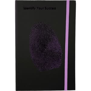 A black journal with a purple elastic band featuring a fingerprint design. It has a logo on the cover.