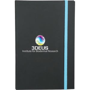 A black journal with a blue elastic band and a logo on the front. Ideal for note-taking or journaling.