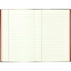 An open journal featuring blank lined pages with a red border and a dark cover. The journal has a logo on the front.