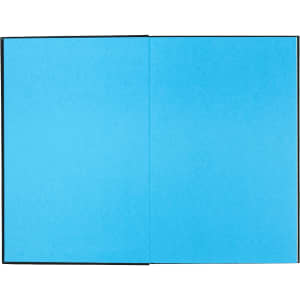 A bright blue notebook with black edges, featuring two blank pages inside. It has a logo on the cover.
