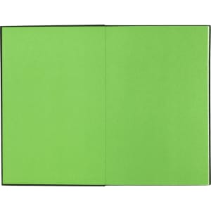 A bright green journal with black edges, featuring two open pages. The journal has a branding logo on the cover.