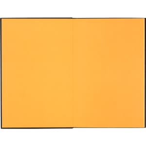 A journal with a black cover and bright yellow pages inside. It features a simple binding and no additional decor.