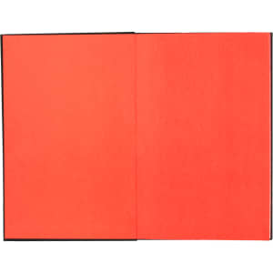 An open journal features bright red pages and a black cover, ideal for note-taking or journaling.