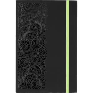 A black journal with a textured floral design and a vibrant green elastic band. It features a logo on the cover.