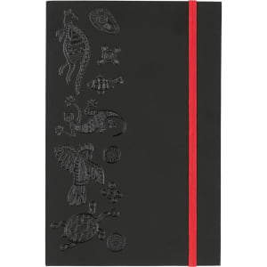 A black journal with embossed animal designs and a bright red elastic band.