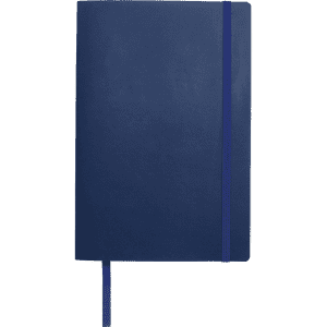 A soft-bound journal in navy blue, featuring an elastic closure and a ribbon bookmark, with a logo on the cover.