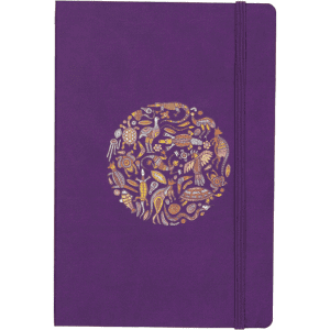 A purple bound journal featuring a decorative circular design and an elastic band closure.