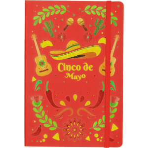 A red notebook featuring decorative illustrations related to Cinco de Mayo, including guitars, a sombrero, and vibrant motifs.