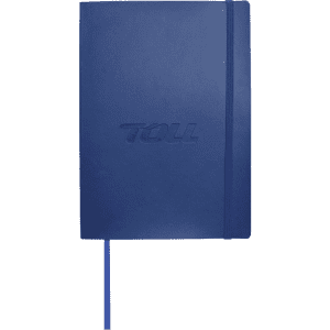 A blue bound journal with an elastic closure and a logo on the cover. It features a soft, textured finish.