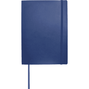 A large navy blue bound journal with an elastic closure and a ribbon bookmark. It features a logo on the cover.