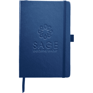 A navy blue journal with a textured cover, featuring an embossed logo and a matching elastic band.